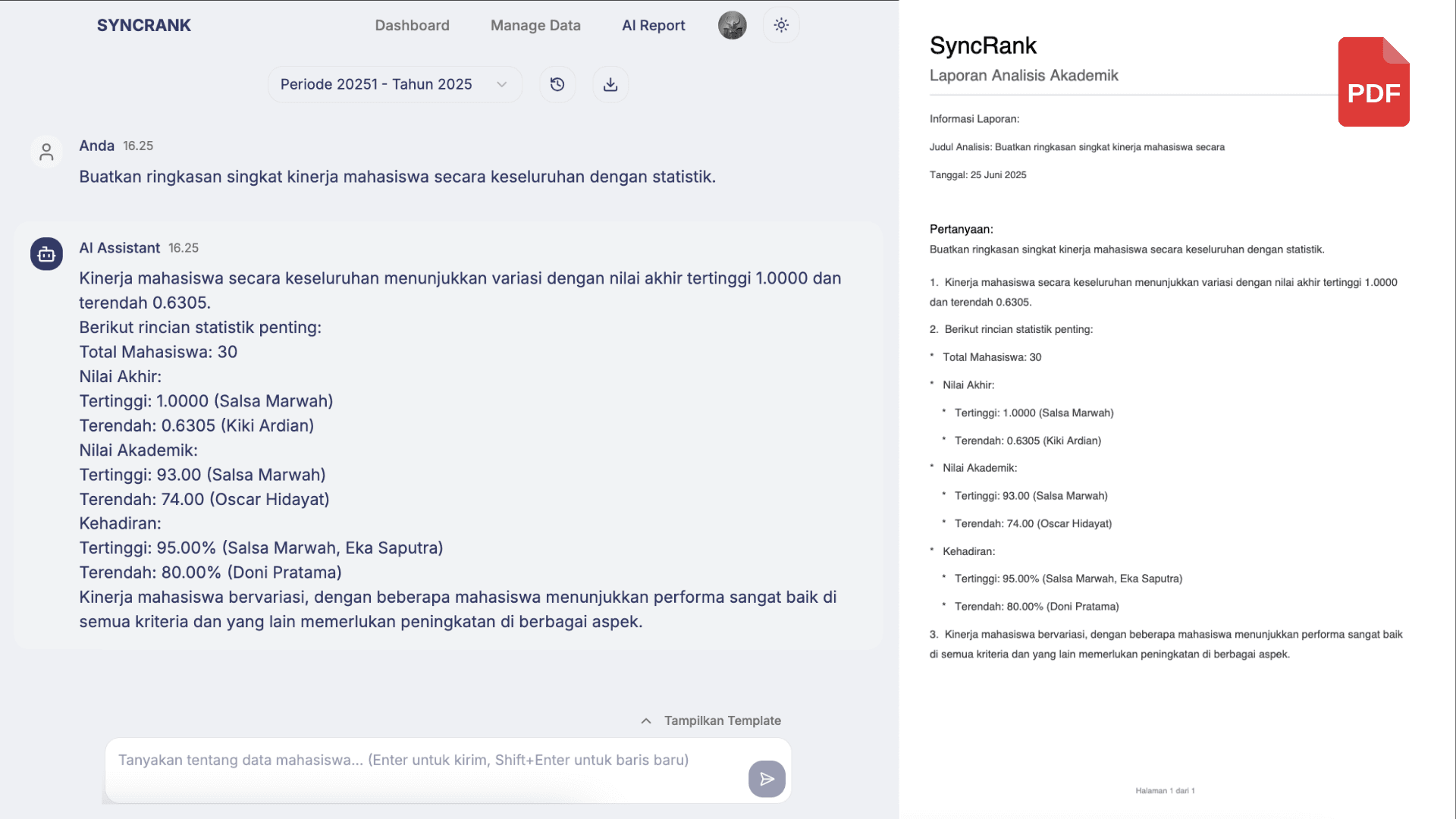 Pratinjau Laporan AI dan Ekspor PDF